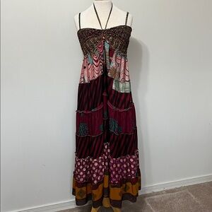 BOHO 100% Silk Maxi Dress Size Medium Patchwork Style Light and Airy Festival